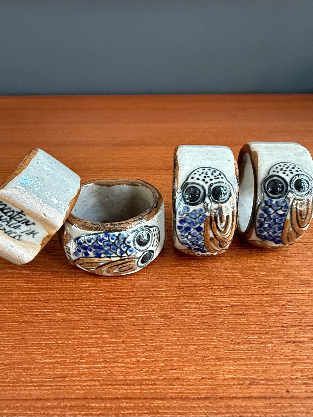 Handmade Owl Ceramic Napkin Rings - Blue and Brown Set of 4 Tonala handmade